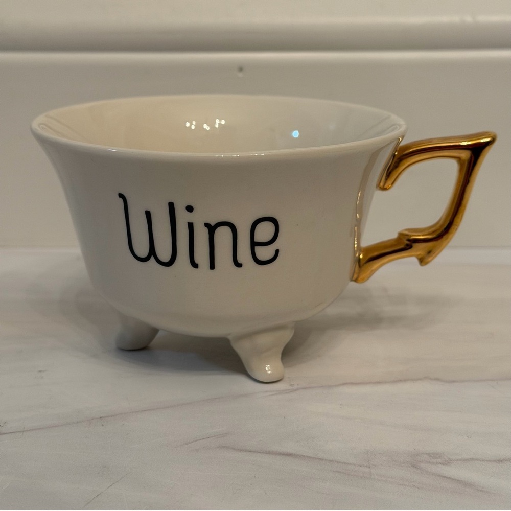 Creative Co-Op Three-Footed White Stoneware 'Wine' Teacup / Mug with Gold Handle